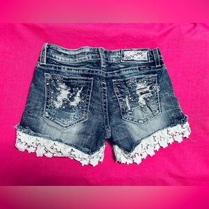 Miss Me Signature distressed jean shorts with crochet hem size 28